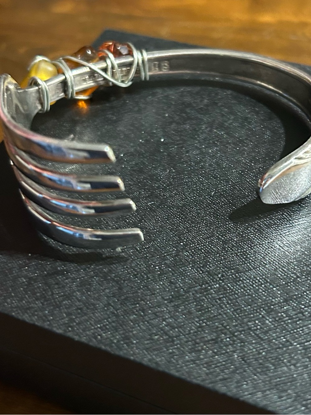 Silver-Tone Wire Fork Cuff Bracelet with Amber Accent - Women